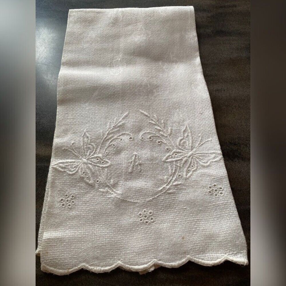 Vintage Table Runner White Embroidered Monogram A Butterflies Grandmacore 29x18”